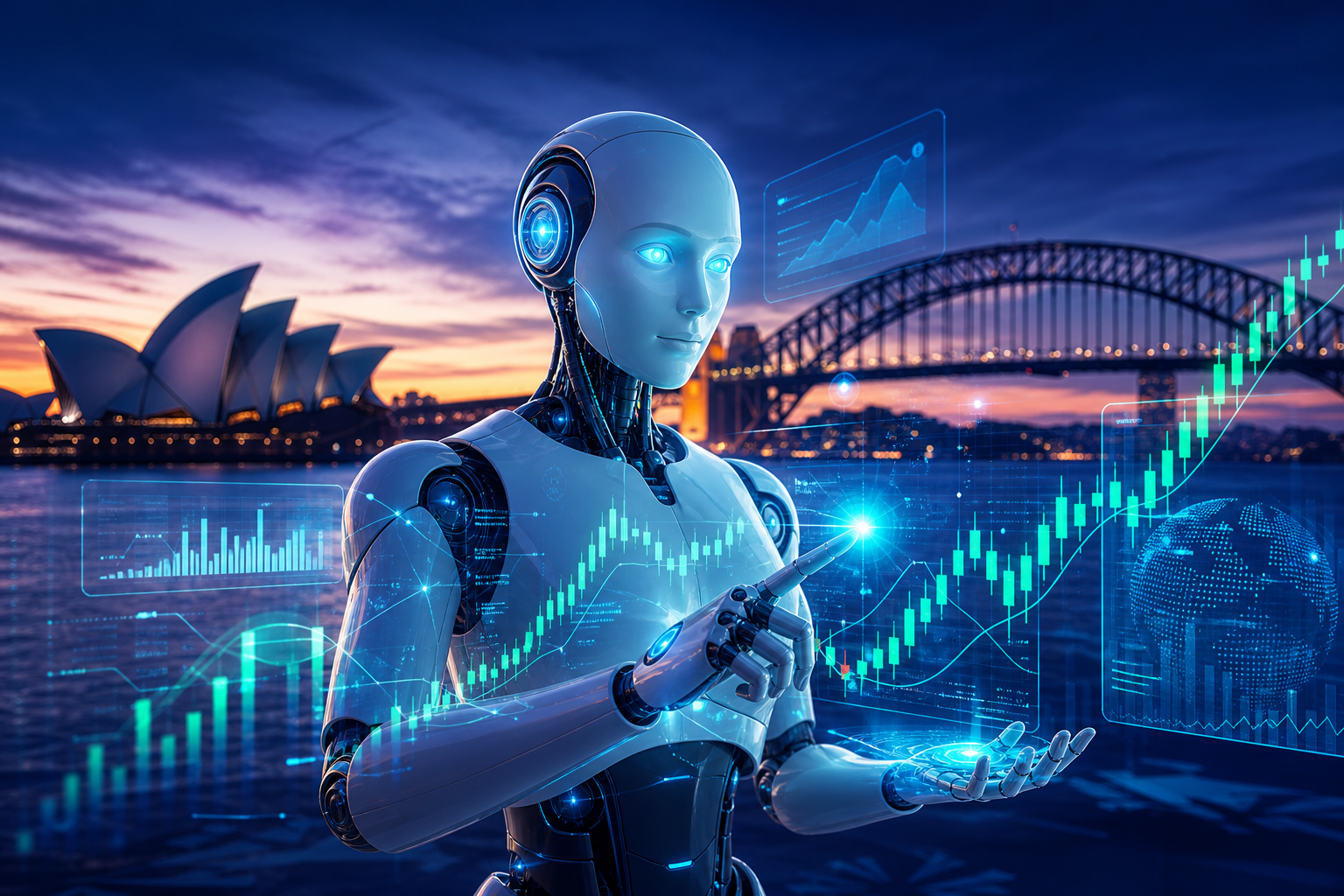 AI trading platform analysing market data on a holographic dashboard